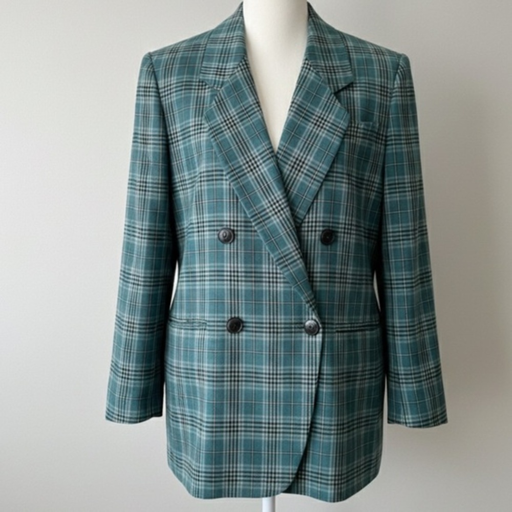 Jones New York Vintage Wool Plaid Blazer Teal Check Double Breasted Size 8 USA